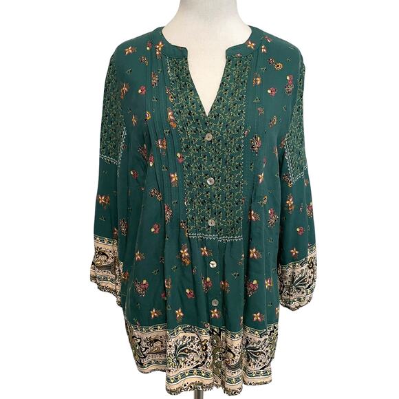 Fig and Flower Peasant Top Womens Large Green Cottage Floral Border Boho Blouse - Picture 2 of 10